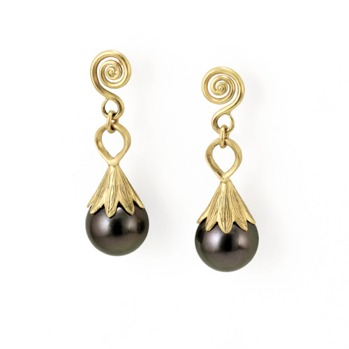 Fiddlehead Tahitian Black Pearl Drop Earrings in 18k gold by Tamberlaine