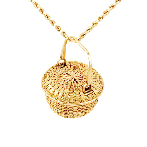 Covered Swing Handle Basket Basket Necklace hand woven in 18k & 22k gold
