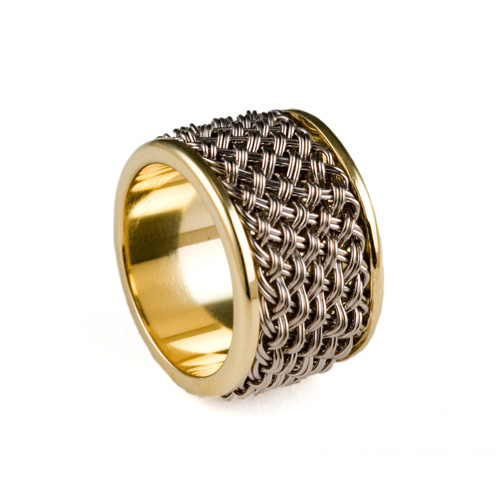 Inset Weave Ring in 18k palladium white and yellow gold by Tamberlaine