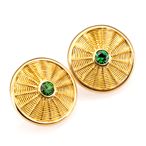 Sunburst Weave Earrings in 18k & 22k gold with Tsavorite garnet hand woven by Tamberlaine