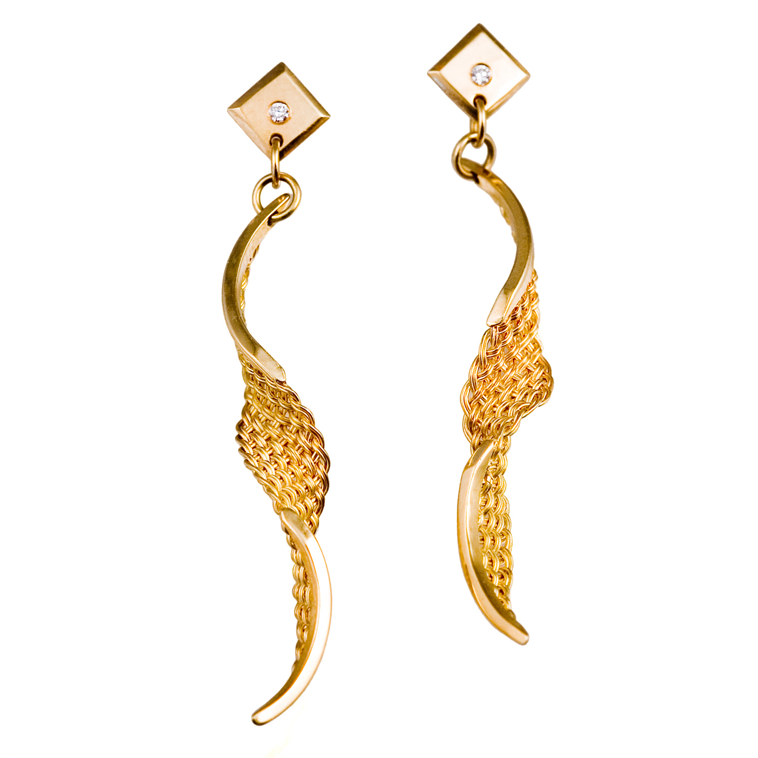 Spiral Twist Weave Earrings in 18k gold with diamonds by Tamberlaine