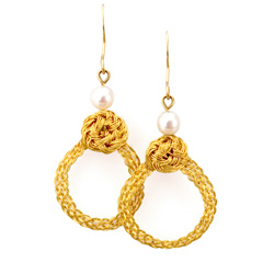 Turk's Knot Loop Earrings in 22k gold with Akoya pearls hand woven by Tamberlaine