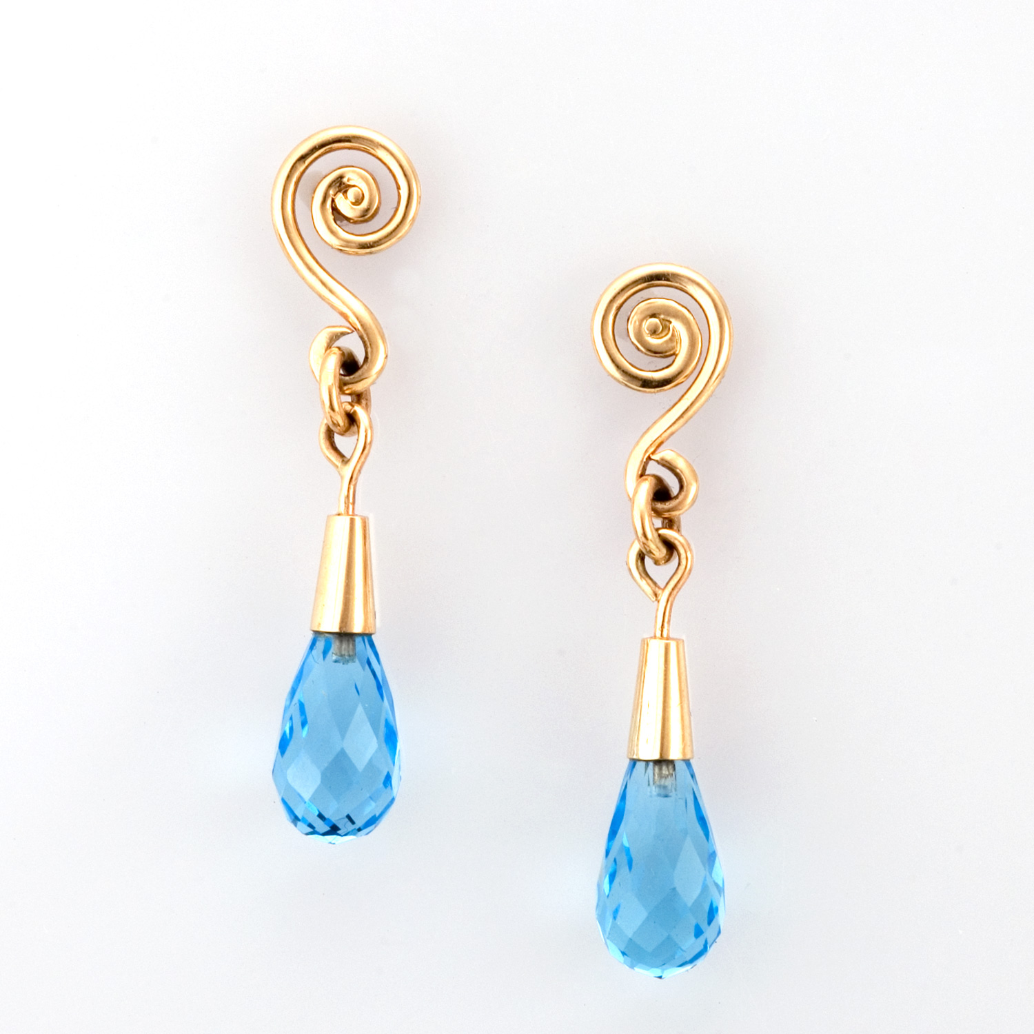 Fiddlehead Drop Earrings in 18k gold with Swiss blue topaz by Tamberlaine
