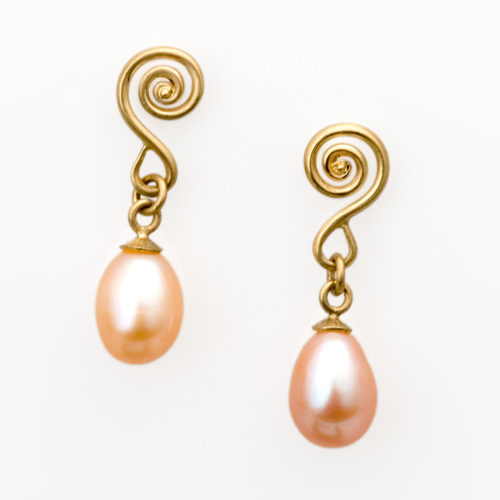 Pink Pearl Drop Earrings in 18k gold by Tamberlaine