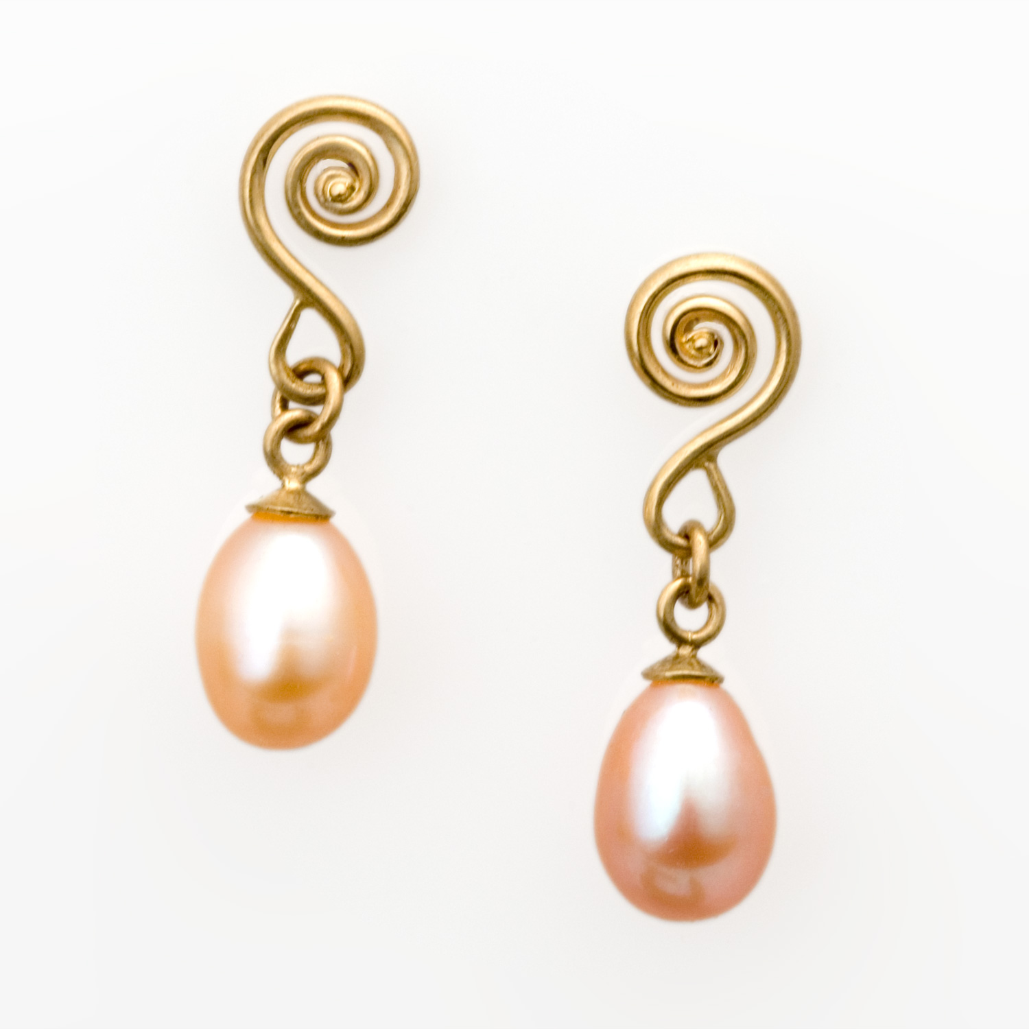 Fiddlehead Drop Earrings in 18k gold with pink pearls by Tamberlaine