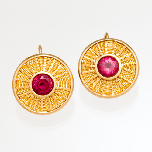 Rubellite Tourmaline Sunburst Weave Earrings - 18k & 22k gold - handwoven by Tamberlaine