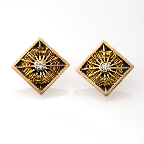 Sunburst Weave Earrings in 18k & 22k gold, oxidized sterling with diamonds by Tamberlaine