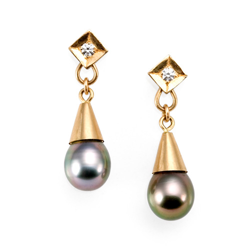 Tahitian Pearl Drop Earrings in 18k yellow gold by Tamberlaine