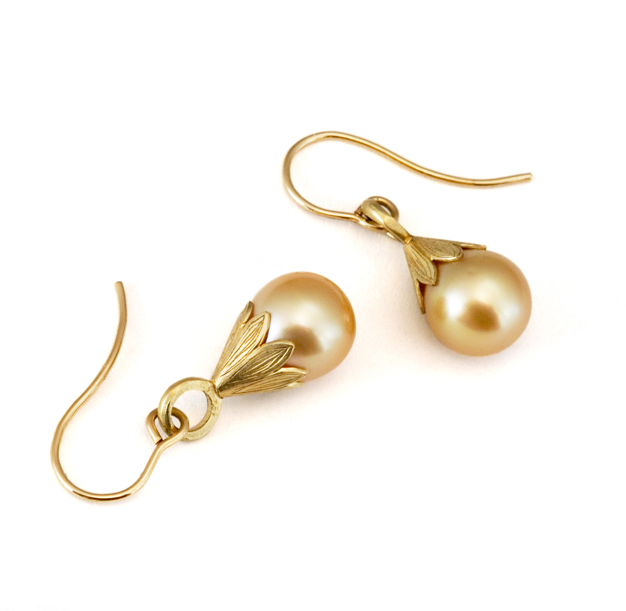 Golden South Sea Pearl Drop Earrings in 18k gold by Tamberlaine