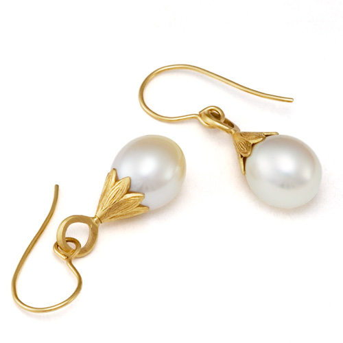 White South Sea Pearl Drop Earrings in 18k gold by Tamberlaine