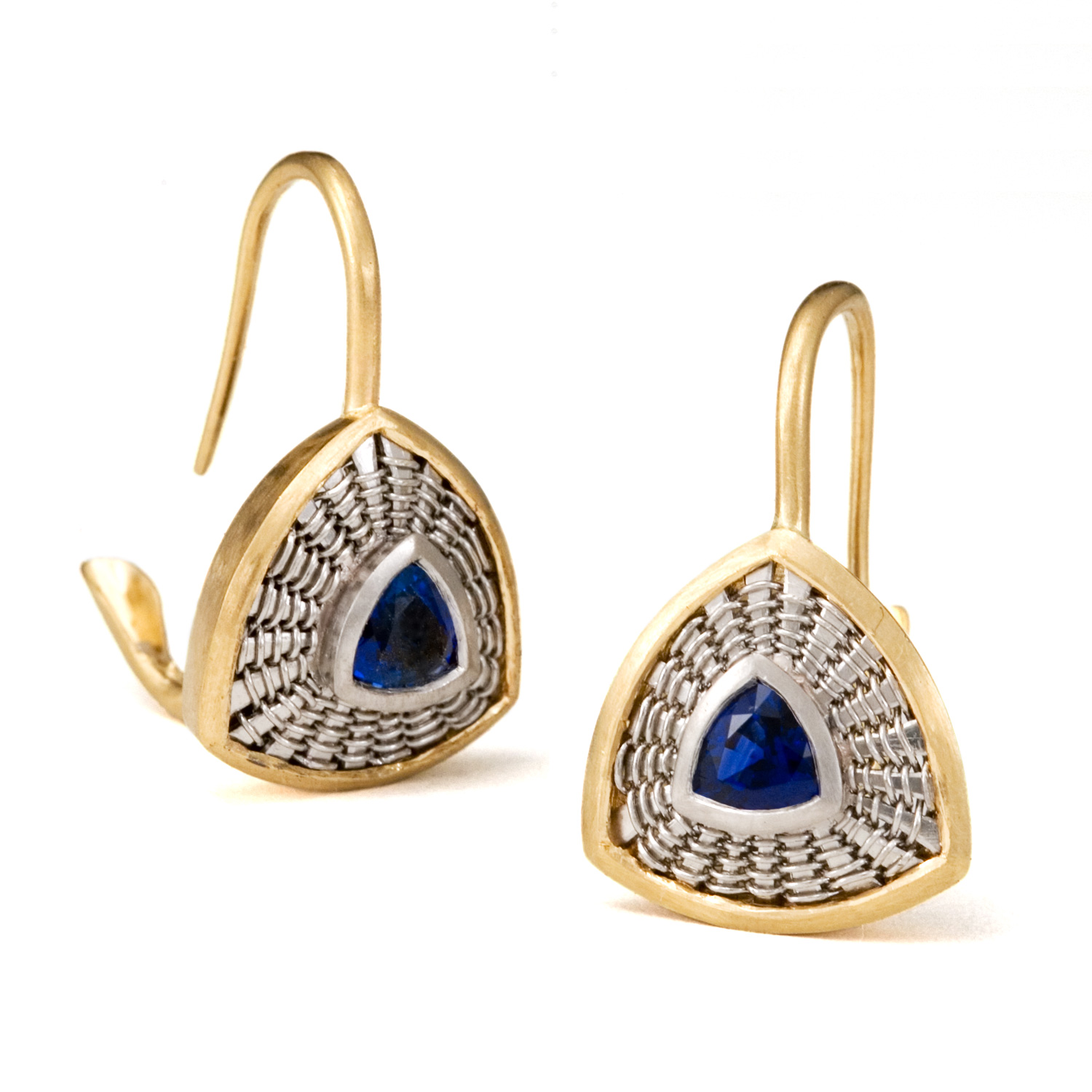 Trillion Sapphire Earrings in 18k gold &ampp platinum by Tamberlaine