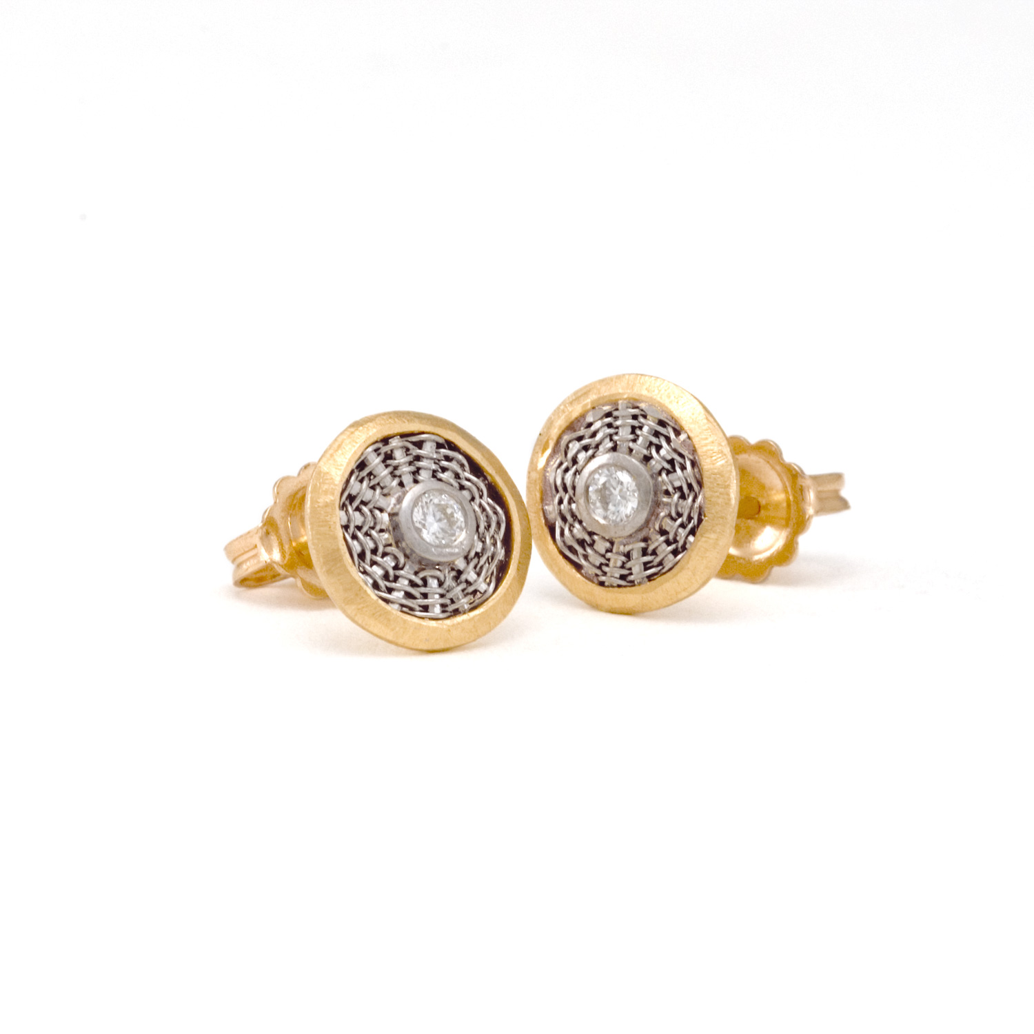 Sunburst Weave Stud Earrings in 18k gold & platinum with diamonds by Tamberlaine