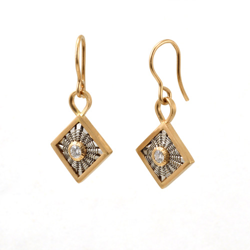 Square Sunburst Weave Earrings in 18k rose gold &ampp platinum with diamonds by Tamberlaine