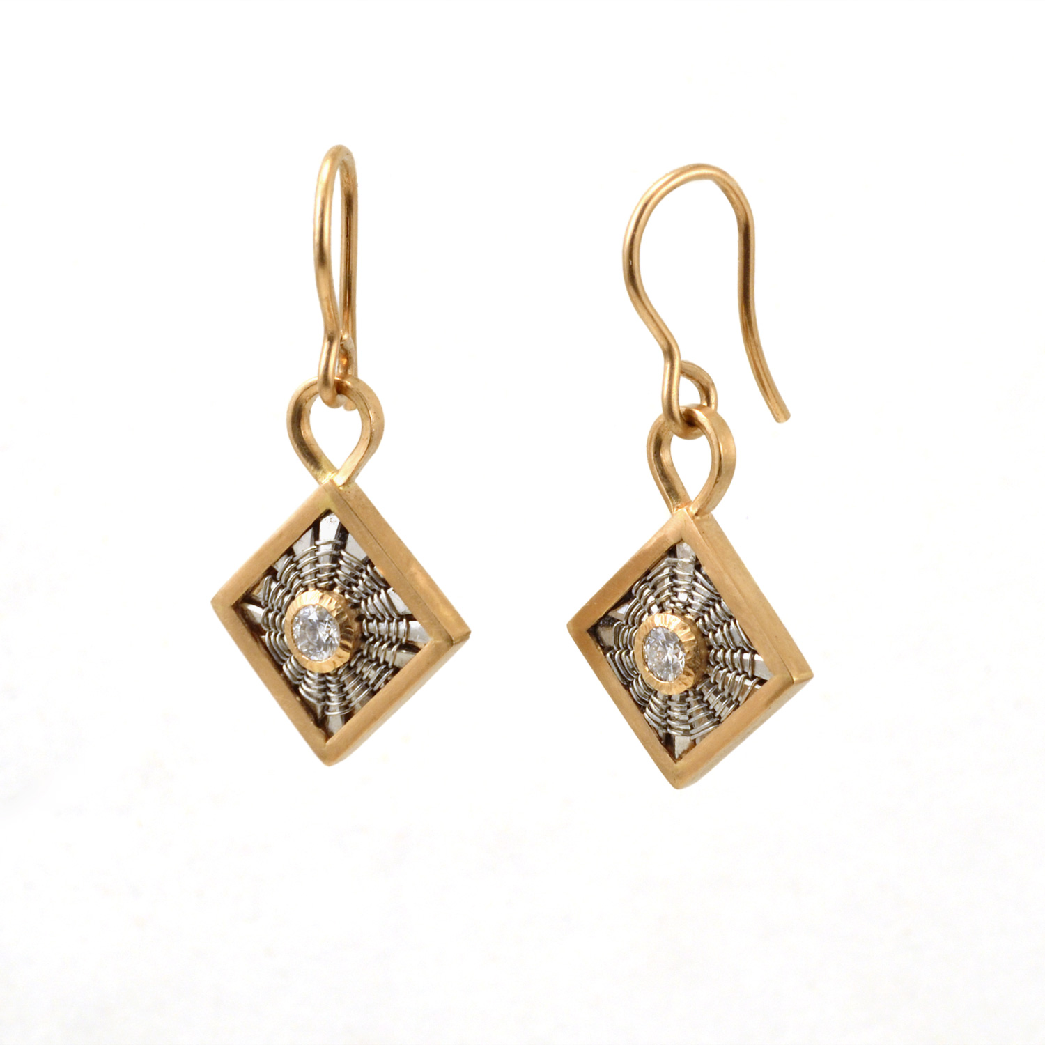 Square Sunburst Weave Earrings in 18k rose gold &ampp platinum with diamonds by Tamberlaine
