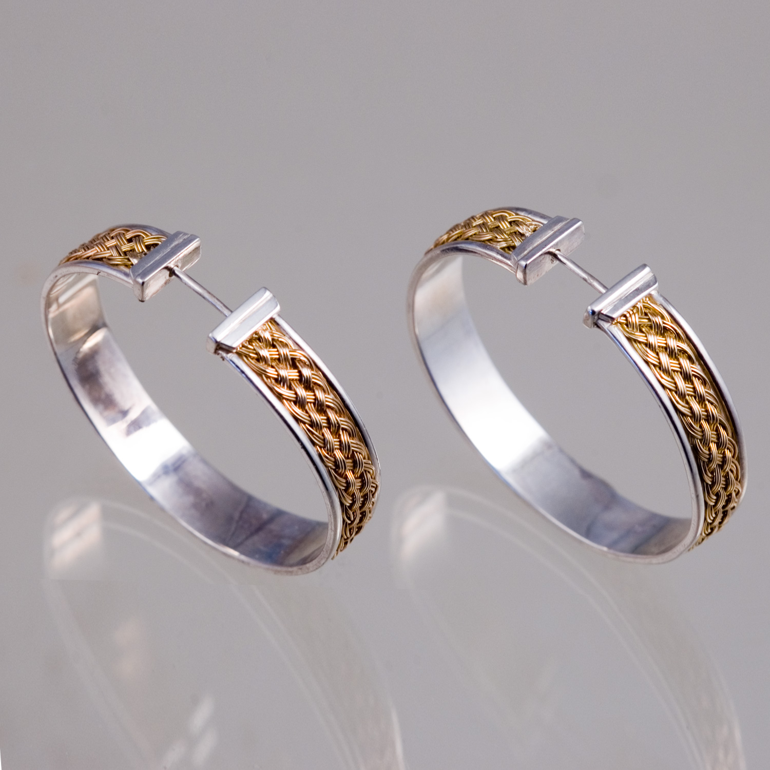 Inset Weave Hoops in 18k gold & sterling silver hand woven by Tamberlaine