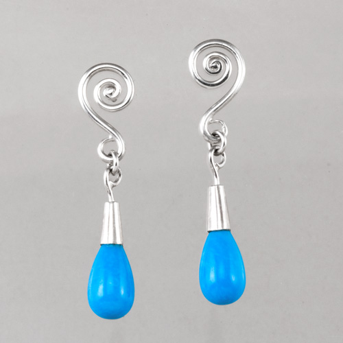 Turquoise Fiddlehead Drop Earrings in sterling silver hand woven by Tamberlaine