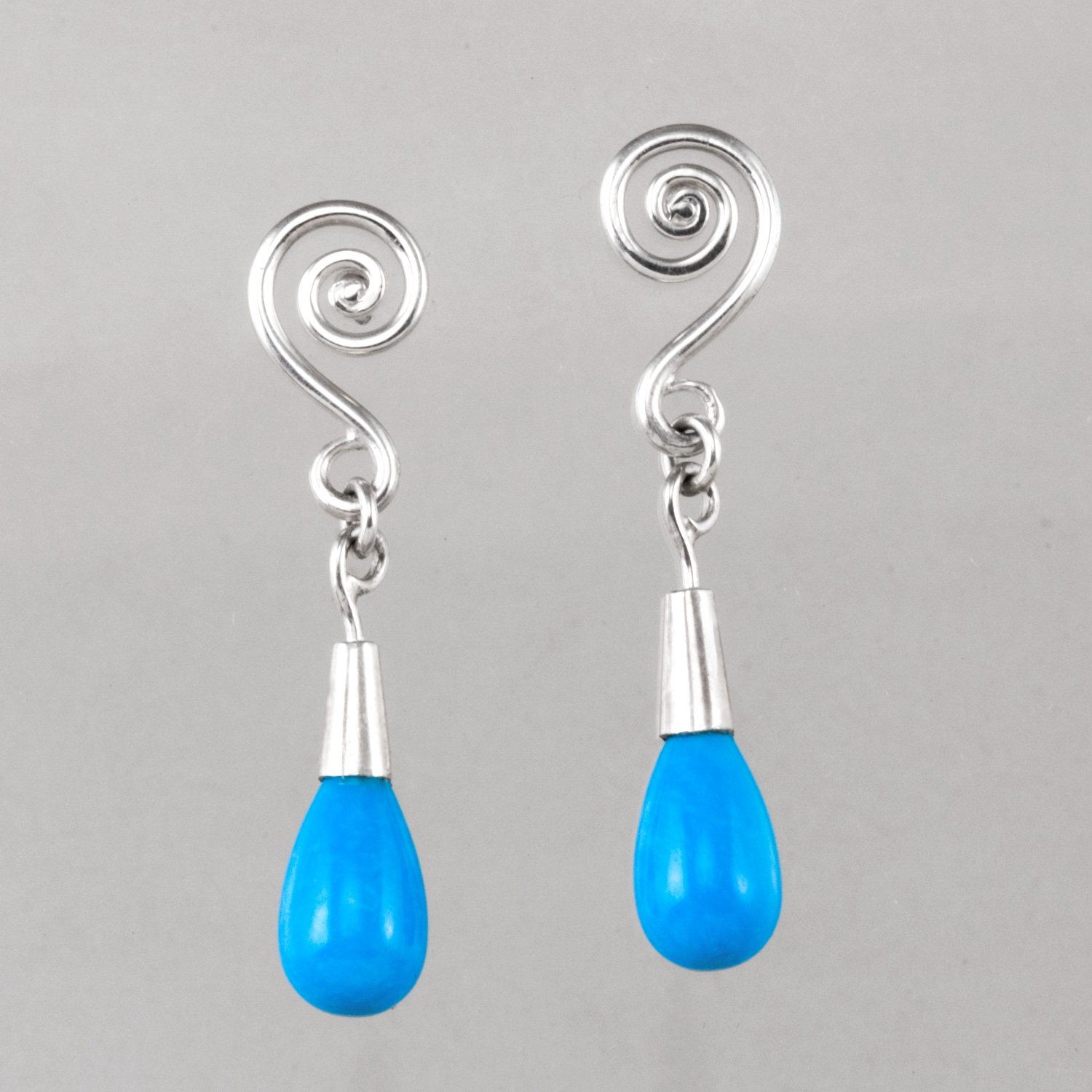 Fiddlehead Drop Earrings in sterling silver with Sleeping Beauty turquoise by Tamberlaine