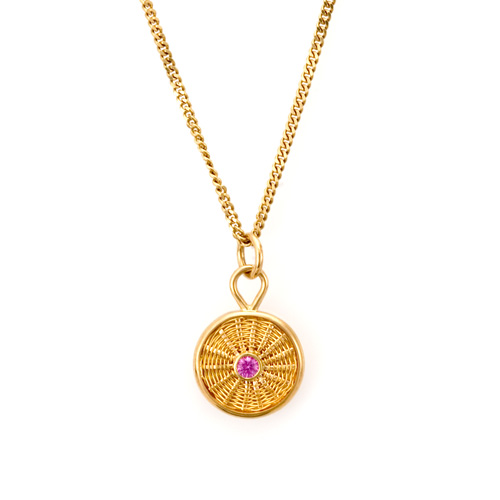 Pink Sapphire Sunburst Weave Pendant hand woven in 18k & 22k gold