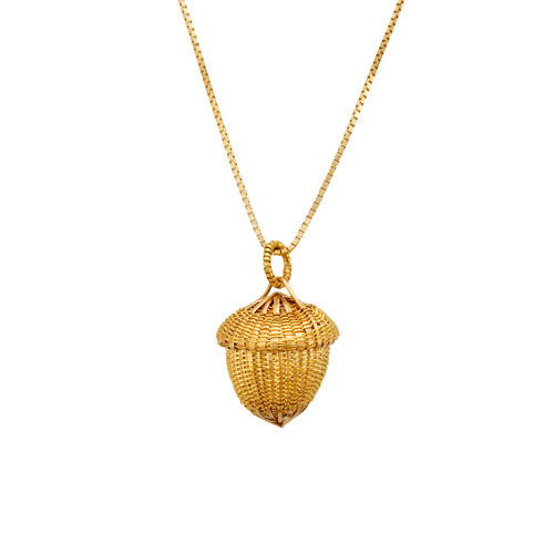 Tiny Acorn Pendant hand woven in 18k & 22k gold