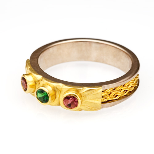 Carved Inset Weave Ring in 18k palladium white gold, 18k yellow gold, & 22k gold by Tamberlaine