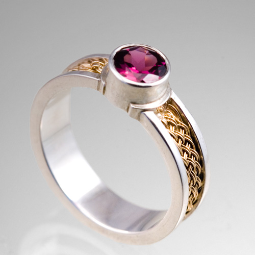 Rhodolite Ring with inlaid weave - 14k yellow gold, sterling silver by Tamberlaine